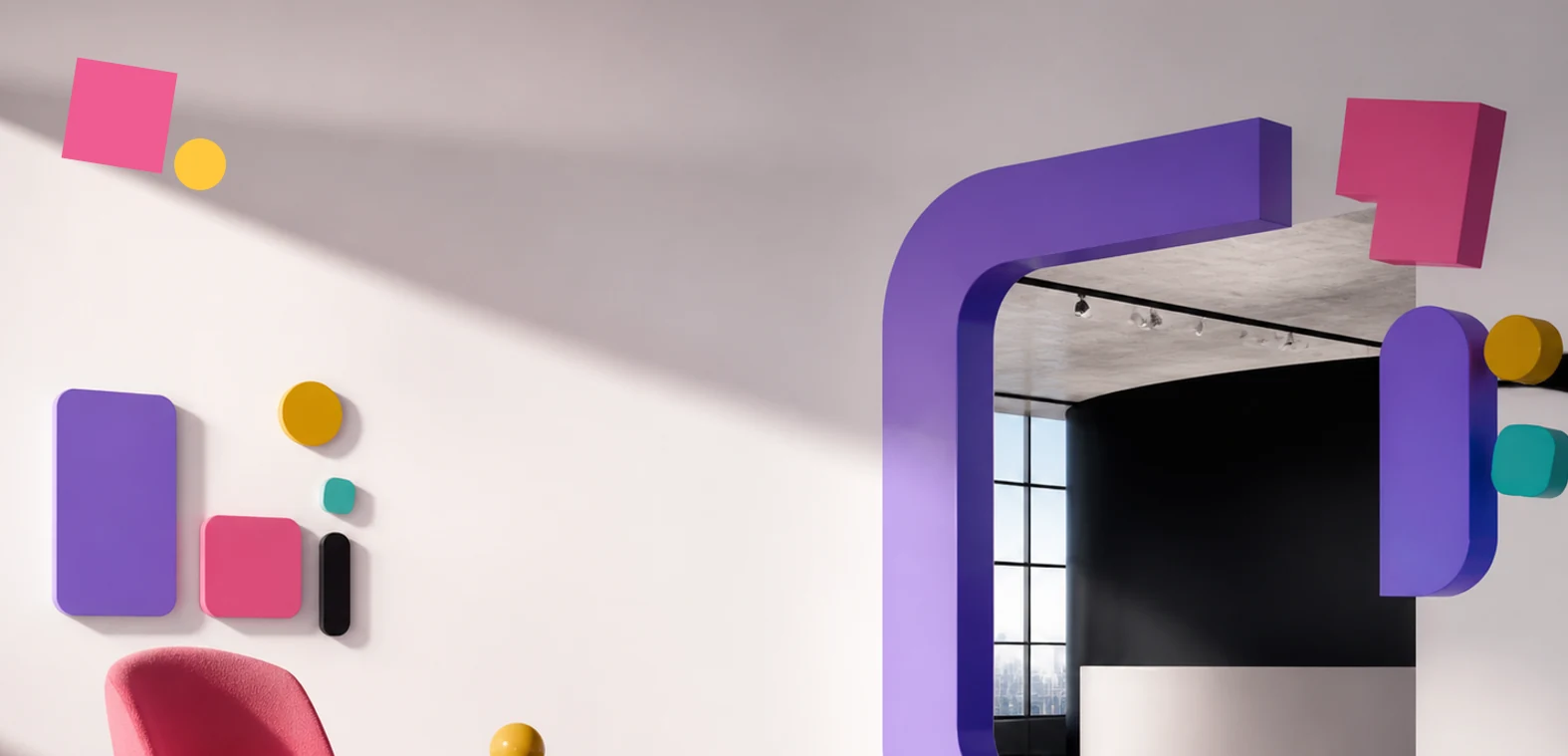 A SCENPOP concept space with sculptural lilac framing and playful rose, yellow and mint furniture details